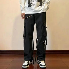 Hearujoy Multi Pocket Cargo Pants Men's Fashion High Street Vintage Straight Sweatpants Men's Loose Casual Wide Leg Trousers Men's Pants