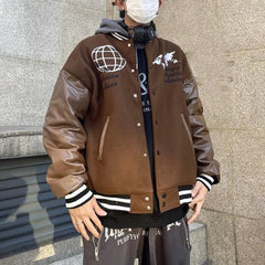 Hearujoy Autumn And Winter American Retro Baseball Jacket Men Letter Globe Embroidered Patchwork Casual Leather Sleeve Pilot Loose Jacket