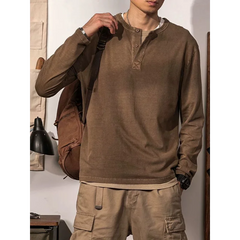 HEARUJOY - American Retro Henry Neck Long-sleeved T-shirt Spring and Autumn New Men's Solid Color Loose Base Shirt Underwear Top