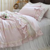 YICKYUE - Romantic Ruffle Bedding Set, Lace Trim & Bow Detail Pink 4-Pc Cotton Sheet Set, Bedding for Girls Room,Princess Duvet Cover