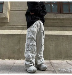 Hearujoy Harajuku Retro Solid Multi Pocket Wide Leg Cargo Pants Functional High Waist Pants Style Hip-Hop Straight Trousers Women Jeans