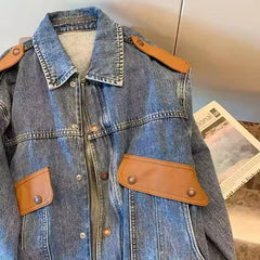 YICKYUE - American Retro Denim Jacket Men High Street Patchwork Long Sleeved Loose Denim Cowboy Coat Autumn Winter Fashion Top Streetwear