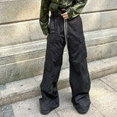 Hearujoy Wide Leg Drawstring Black Cargo Pants Unisex Straight Baggy Casual Overalls Men's Streetwear Loose Oversized Trousers