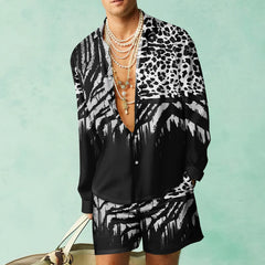 HEARUJOY - 3D Leopardl Print Men Beach Suits Long Sleeve Lapel Shirts And Shorts Two Piece Set Fashion Hawaiian Casual Loose Outfits