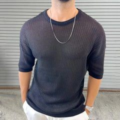 HEARUJOY - Summer New Men's Solid Color Knitted Hollow Short-Sleeved T-Shirt Retro Fashion Trend Casual Simple Daily Breathable Men's Tops