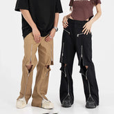 Hearujoy Design Zipper Slit Men Trousers Techwear Straight Tube Casual Black Wide Leg Pants Male Hole Loose Streetwear Hip Hop