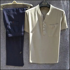 HEARUJOY - Summer Comfortable Short-Sleeved Button Shirt Sets Men's Solid Color Shirt Shorts Suit Men's Cotton Linen Casual Suit