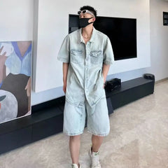 HEARUJOY - Casual Summer Short Sleeve Denim Shirts & Shorts Men's Sets Sreetwear Cotton Top Tee-Shirt Jean & Pant Two Piece Clothing