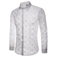 HEARUJOY - Shirts Sexy Lace Hollow Out Cardigan Turn Down Collar Men Single Breasted Shirt Long Sleeve High Street Button New Summer