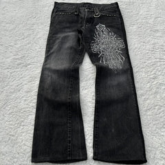 Hearujoy Y2K Black Washed Denim Pants Vintage Cross Leather Detail Micro Flared Jeans Punk High Street Western Cowboy Unisex Streetwear