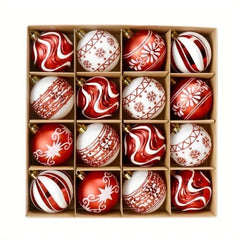 YICKYUE - 16 Pcs Christmas Balls Decorations, Red And White Painted Xmas Balls Party Supplies Set - Christmas Tree Hanging Decorations