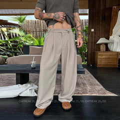 HEARUJOY - New Retro Fashion Men Suit Pants Light Luxury Draped Baggy Belt Button-down Solid Color Straight Trousers Elegant Dress Pants