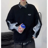 HEARUJOY - American Fake Two-piece Round Neck Sweatshirt Spliced Shirt Retro Design Loose Couple Jacket