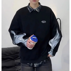 HEARUJOY - American Fake Two-piece Round Neck Sweatshirt Spliced Shirt Retro Design Loose Couple Jacket