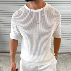 HEARUJOY - Summer New Men's Solid Color Knitted Hollow Short-Sleeved T-Shirt Retro Fashion Trend Casual Simple Daily Breathable Men's Tops