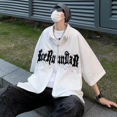 Hearujoy Mens Y2k Shirt Summer New Large Size American Fashion Short-Sleeved Shirt Hip-Hop Embroidered Letter Necklace Casual Shirt