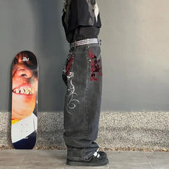 Hearujoy Y2k New Street Harajuku Pattern Jeans Black Baggy Jeans Retro Style Denim Pants Mens and Womens Hip Hop High Waist Wide Pants