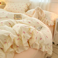 YICKYUE - Princess Style Bedding Sets Ruffle Lace Bow Quilt Cover Romantic Bedclothes Decor Woman Girls Bedroom Duvet Cover 4pcs