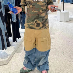 Hearujoy Color Match Ripped Hole Baggy Multi-pockets Wide Leg Cargo Pants Mens Streetwear Patchwork Loose Baggy Overalls Oversized Jeans