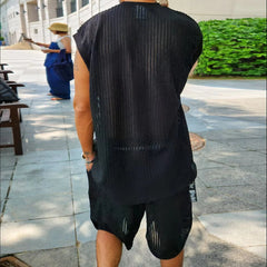 HEARUJOY - Summer Fashion Knitted Two Piece Set Streetwear Casual Loose Solid Men Vintage Short Sleeve Polo Shirts And Shorts MaleSuits