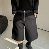 Hearujoy Men's Casual Shorts Elastic Waist Lace-up Versatile Zipper Placket Personalized Woolen Splicing Straight Wide Leg Capris