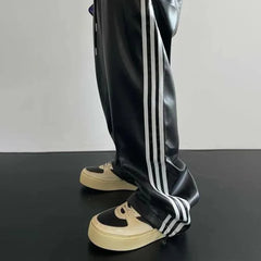 Hearujoy 2024 New Men's Spring Autumn Loose Straight Casual Mopping Sense Wide-leg Sports Pants High Street Style Leather Pants
