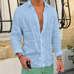 HEARUJOY - Men Seaside Beach Vintage Solid Cardigans Top Spring New Casual Linen Shirts Mens Long Sleeve Button-up Turn-down Collar Shirt