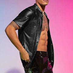 HEARUJOY - Male Tops Men Shirt Fashionable Regular Turn-down Collar Disco Stage Shirt Shiny Party Performance Short Sleeve