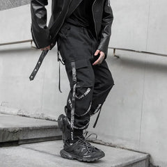 Hearujoy Techwear Cargo Pants Men Joggers Black Cargo Trousers for Men Jogging Japanese Streetwear Hip Hop Hippie Gothic Ribbon