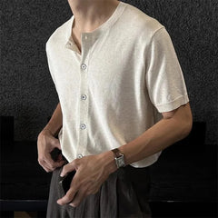 HEARUJOY - Men's Solid Color Knitted Cardigan Short-Sleeved Shirt American Retro Fashion Trend Street Loose Breathable Niche Men's Tops