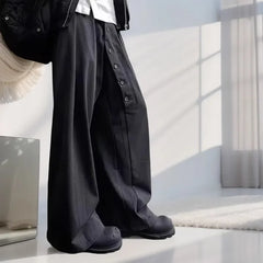 YICKYUE - Unisex Wide-Leg Trousers - High Waist with Button Fly Pleated Relaxed Fit
