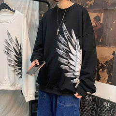 HEARUJOY - Dark Feather Wings Printed Round Neck Sweater Men's Fall Plus Size Plus Size Loose Pullover Versatile Top