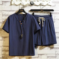 HEARUJOY - Cotton Linen T-shirts Shorts Suits for Men V-neck Plain Sports Novelty in New Tops & Tees Aesthetic Kpop Regular Fit Man Sets