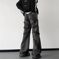 Hearujoy Striped Tassel Frayed Jeans Pants Men's Fashion Wide Leg Hip Hop Lazy Wind Jeans Couple's Vintage Loose Jeans Men Denim Trousers