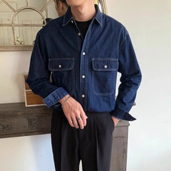 HEARUJOY - American Vintage Men's Denim Shirt Safari Style Double Pocket Lapel Long Sleeve Top Spring Autumn Fashion Streetwear Shirts Male