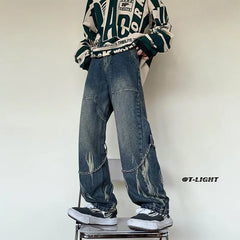 HEARUJOY - Men's Autumn Winter Trendy American Street Jeans Loose Straight-Leg Versatile Wide-Leg