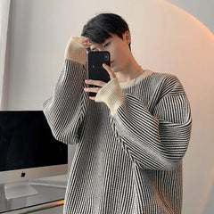 Hearujoy Striped Knitted Sweater Coat Men Japanese Oversize Casual Autumn Winter Loose O-neck Pullovers for Man Streetwear