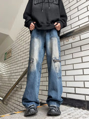 Hearujoy Streetwear Pocket Design Men Jeans Cargo Pants Loose Plus Size Neutral Wide Leg Pants Harajuku Casual Denim Pants Gothic Y2K
