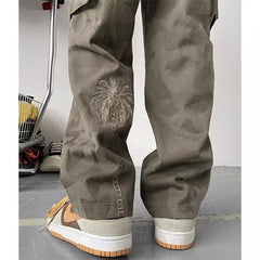 HEARUJOY - Washed Camouflage Work Pants American Retro Military Green Embroidered High Street Versatile Straight Casual Trousers