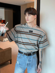 Hearujoy tide brand striped short-sleeved T-shirt men's loose cotton summer Korean version casual loose shoulder pads half sleeves