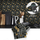 YICKYUE - 2d Flat | 10/11/12/13 Pcs-Black & Gold Square Mosaic Peel And Stick-Self-Adhesive Wall Tiles-Independence Day/Birthday Decor
