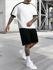 HEARUJOY - Summer New Color Matching Sports Suit Men's Short-Sleeved Shorts Loose T-Shirt Five Length Pants Casual Running Set Two-Piece