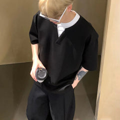 Hearujoy Mens Casual Fake Two-Piece Knitted T-Shirt Genderless 2024 Summer New Simple Versatile Solid Color Short-Sleeved Top Unisex