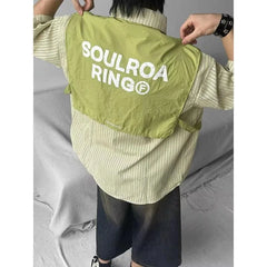HEARUJOY - Fake Two Pieces Summer New Men's Turn-down Collar Button Spliced Pockets Striped Letter Shirt Short Sleeve Trendy Loose Tops