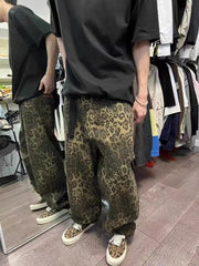 Hearujoy New Men's Jeans Neutral Wide Leg Denim Trousers Loose Straight Jeans Youth Street Casual Velvet Leopard Print Hip Hop Pants