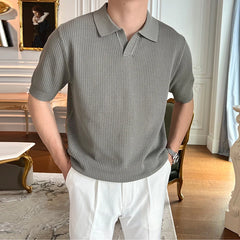 HEARUJOY - New Fashion Business Tops Men's Polo Shirt Light Luxury Leisure Knitted V Neck T-shirts for Man Korean Popular Short Sleeve Tees