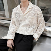 HEARUJOY - New Chic Men Hollow Out Cardigan Tops Light Luxury Korean Style Long Sleeve Shirts Casual Retro Solid Color Button-down Blouse