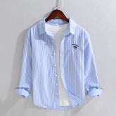 HEARUJOY - Men's Cotton Long Sleeve Shirt Spring Summer Casual Bear Embroidered Striped Long-sleeved Square Collar Breathable Shirts Man