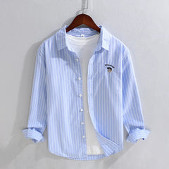 HEARUJOY - Men's Cotton Long Sleeve Shirt Spring Summer Casual Bear Embroidered Striped Long-sleeved Square Collar Breathable Shirts Man