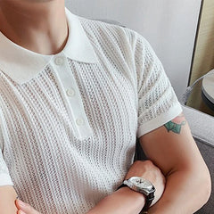 HEARUJOY - Summer Men's Clothing Luxury Hollow Out Knitted Polo Shirt Retro Solid Color Short-sleeved Korean Popular Knitwear Leisure Tees